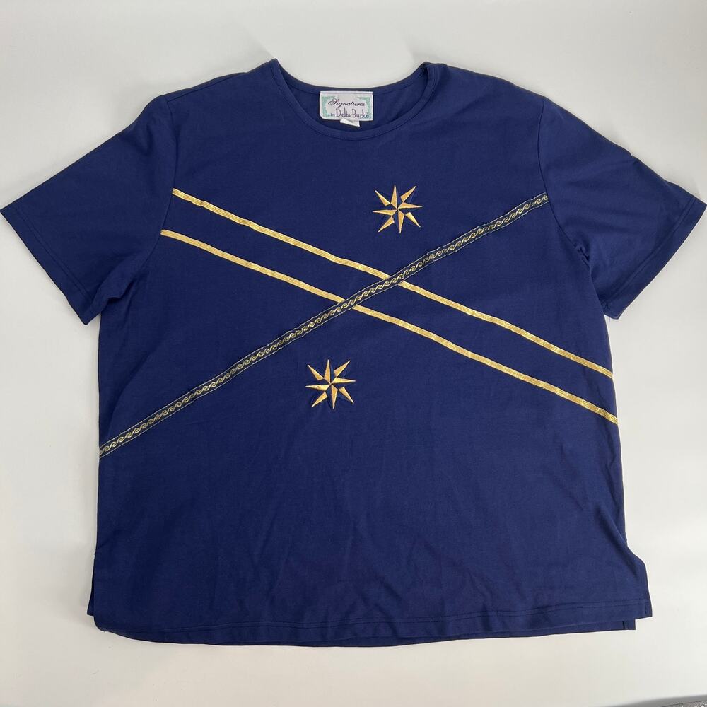 Vtg Signatures by Delta Burke Nautical Tee T-Shirt Womens 2X Navy Blue Gold USA